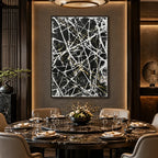 Abstract Expressionist abstract oil painting showing dense white lines over a dark textured ground in a black and white palette, contemporary wall art.
