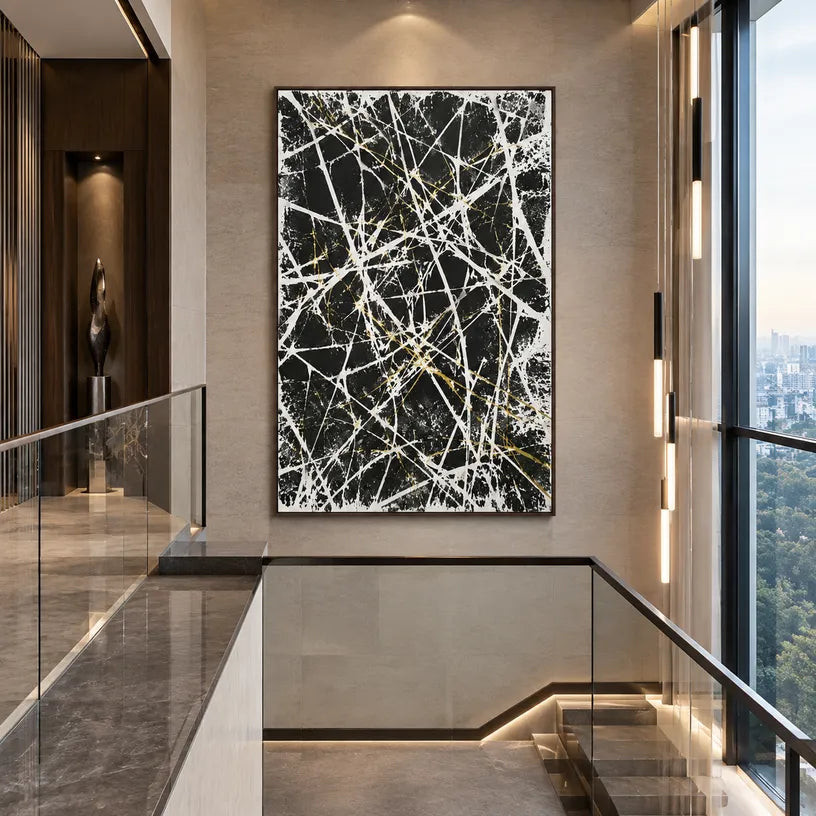 Abstract Expressionist abstract oil painting showing dense white lines over a dark textured ground in a black and white palette, contemporary wall art.