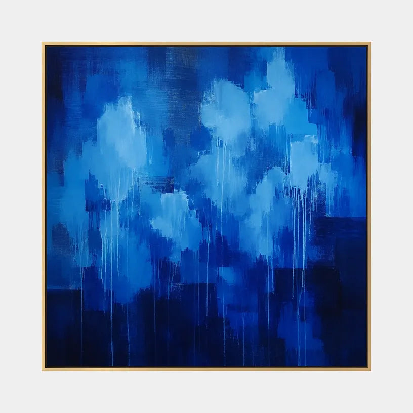 Abstract Expressionist abstract oil painting showing layered abstract marks, texture and expressive painterly movement in a blue palette.