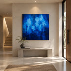 Abstract Expressionist abstract oil painting showing layered abstract marks, texture and expressive painterly movement in a blue palette.
