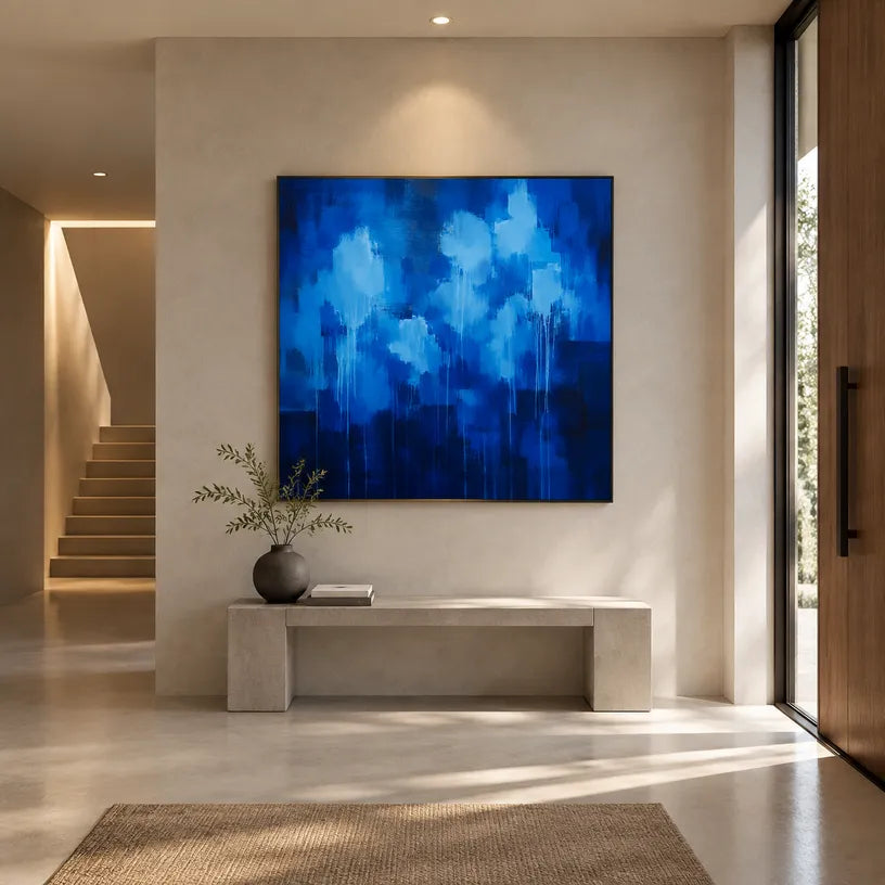 Abstract Expressionist abstract oil painting showing layered abstract marks, texture and expressive painterly movement in a blue palette.