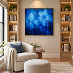Abstract Expressionist abstract oil painting showing layered abstract marks, texture and expressive painterly movement in a blue palette.