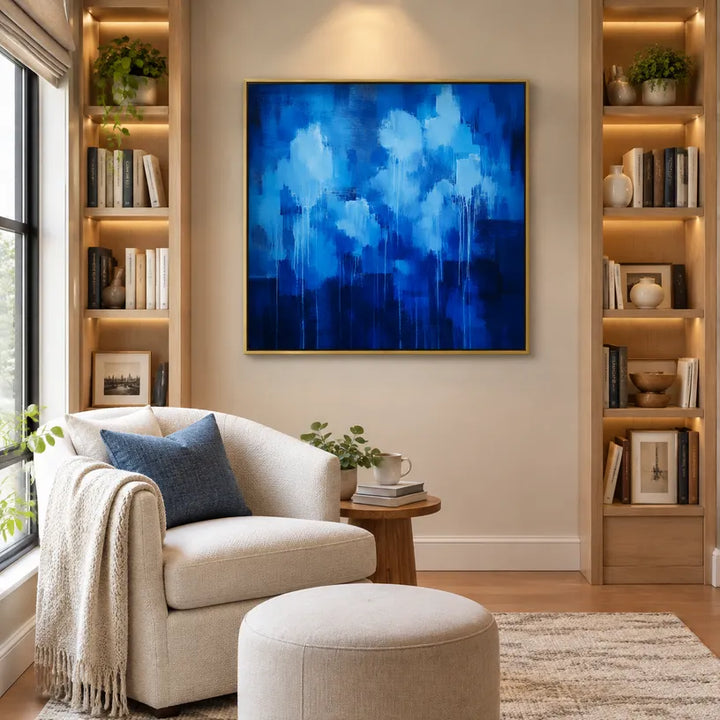 Espressionismo astratto Pittura a olio astratta e concettuale con segni astratti stratificati, consistenza e movimento pittorico espressivo in una tavolozza blu.