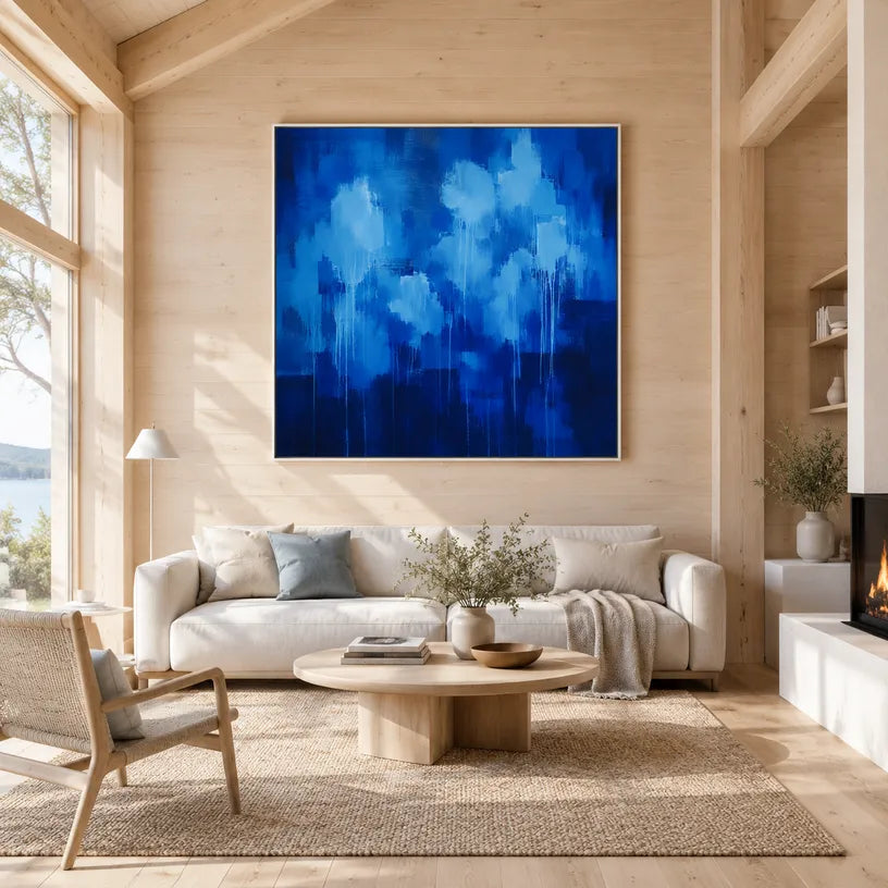 Abstract Expressionist abstract oil painting showing layered abstract marks, texture and expressive painterly movement in a blue palette.