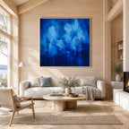 Abstract Expressionist abstract oil painting showing layered abstract marks, texture and expressive painterly movement in a blue palette.