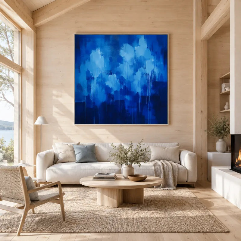 Espressionismo astratto Pittura a olio astratta e concettuale con segni astratti stratificati, consistenza e movimento pittorico espressivo in una tavolozza blu.