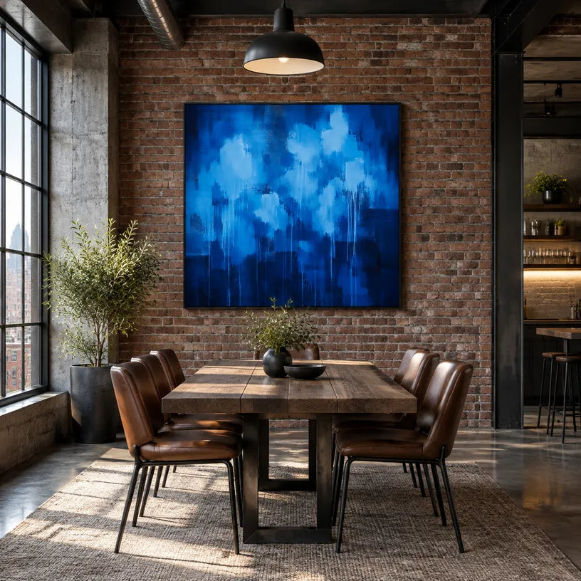 Abstract Expressionist abstract oil painting showing layered abstract marks, texture and expressive painterly movement in a blue palette.