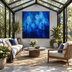 Abstract Expressionist abstract oil painting showing layered abstract marks, texture and expressive painterly movement in a blue palette.
