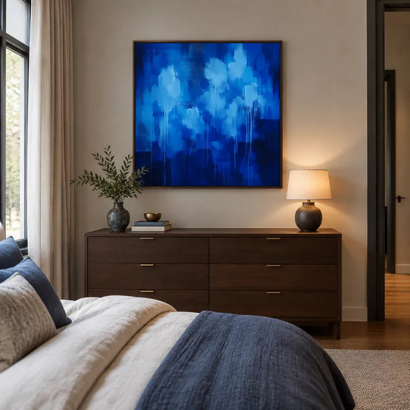 Abstract Expressionist abstract oil painting showing layered abstract marks, texture and expressive painterly movement in a blue palette.