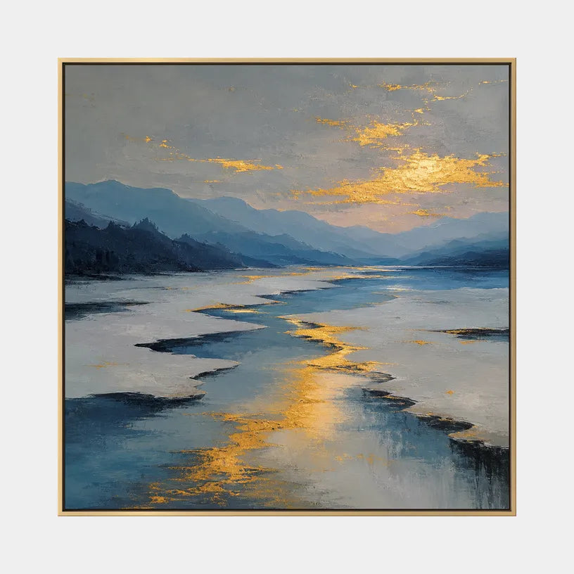 Abstract Expressionist landscapes & seascapes & cityscapes oil painting showing a painterly landscape with distant hills, trees or reflective water in a grey palette.