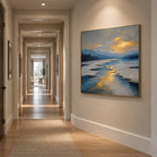 Abstract Expressionist landscapes & seascapes & cityscapes oil painting showing a painterly landscape with distant hills, trees or reflective water in a grey palette.