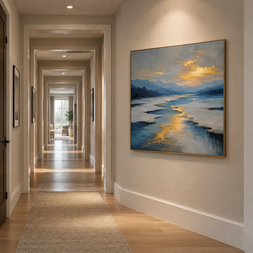 Abstract Expressionist landscapes & seascapes & cityscapes oil painting showing a painterly landscape with distant hills, trees or reflective water in a grey palette.