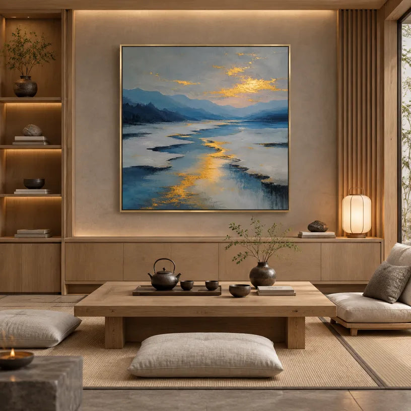 Abstract Expressionist landscapes & seascapes & cityscapes oil painting showing a painterly landscape with distant hills, trees or reflective water in a grey palette.