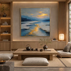 Abstract Expressionist landscapes & seascapes & cityscapes oil painting showing a painterly landscape with distant hills, trees or reflective water in a grey palette.