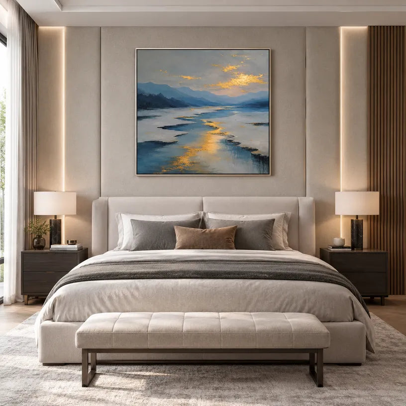 Abstract Expressionist landscapes & seascapes & cityscapes oil painting showing a painterly landscape with distant hills, trees or reflective water in a grey palette.