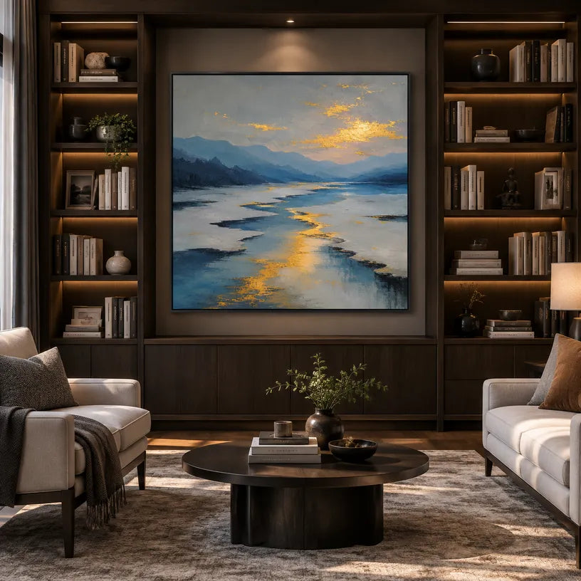Abstract Expressionist landscapes & seascapes & cityscapes oil painting showing a painterly landscape with distant hills, trees or reflective water in a grey palette.