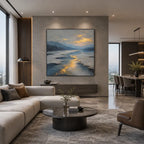 Abstract Expressionist landscapes & seascapes & cityscapes oil painting showing a painterly landscape with distant hills, trees or reflective water in a grey palette.