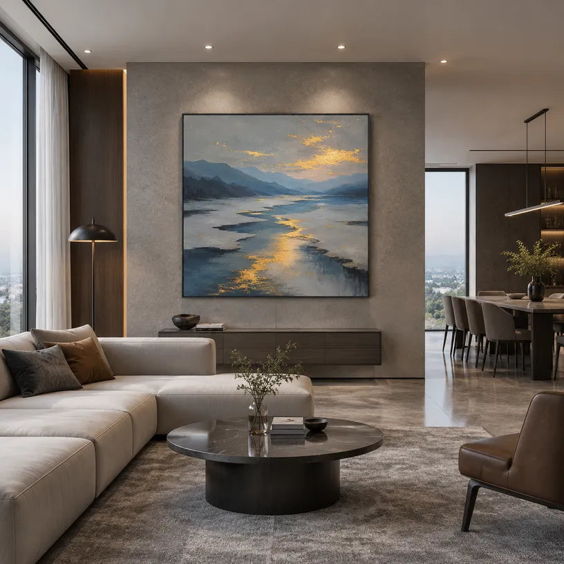 Abstract Expressionist landscapes & seascapes & cityscapes oil painting showing a painterly landscape with distant hills, trees or reflective water in a grey palette.
