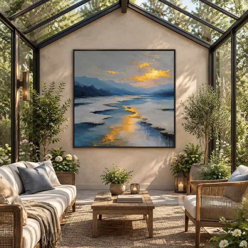 Abstract Expressionist landscapes & seascapes & cityscapes oil painting showing a painterly landscape with distant hills, trees or reflective water in a grey palette.