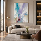 Abstract Expressionist abstract oil painting showing layered abstract marks, texture and expressive painterly movement in a blue palette.