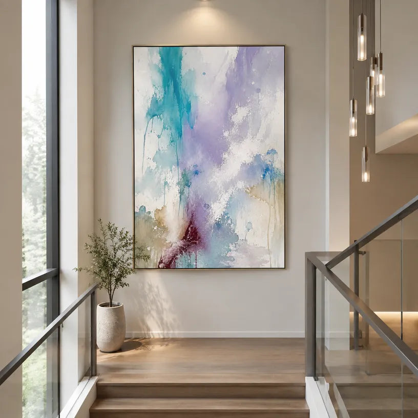 Abstract Expressionist abstract oil painting showing layered abstract marks, texture and expressive painterly movement in a blue palette.