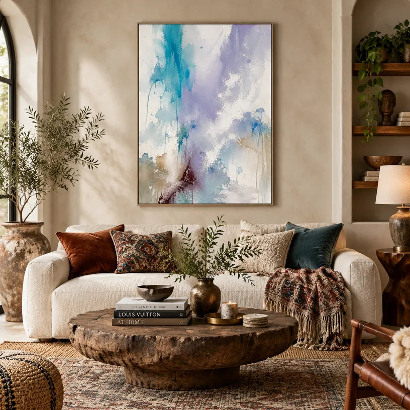 Abstract Expressionist abstract oil painting showing layered abstract marks, texture and expressive painterly movement in a blue palette.