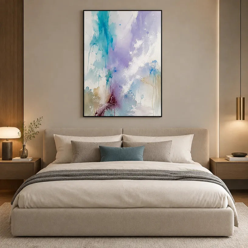 Abstract Expressionist abstract oil painting showing layered abstract marks, texture and expressive painterly movement in a blue palette.