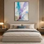 Abstract Expressionist abstract oil painting showing layered abstract marks, texture and expressive painterly movement in a blue palette.