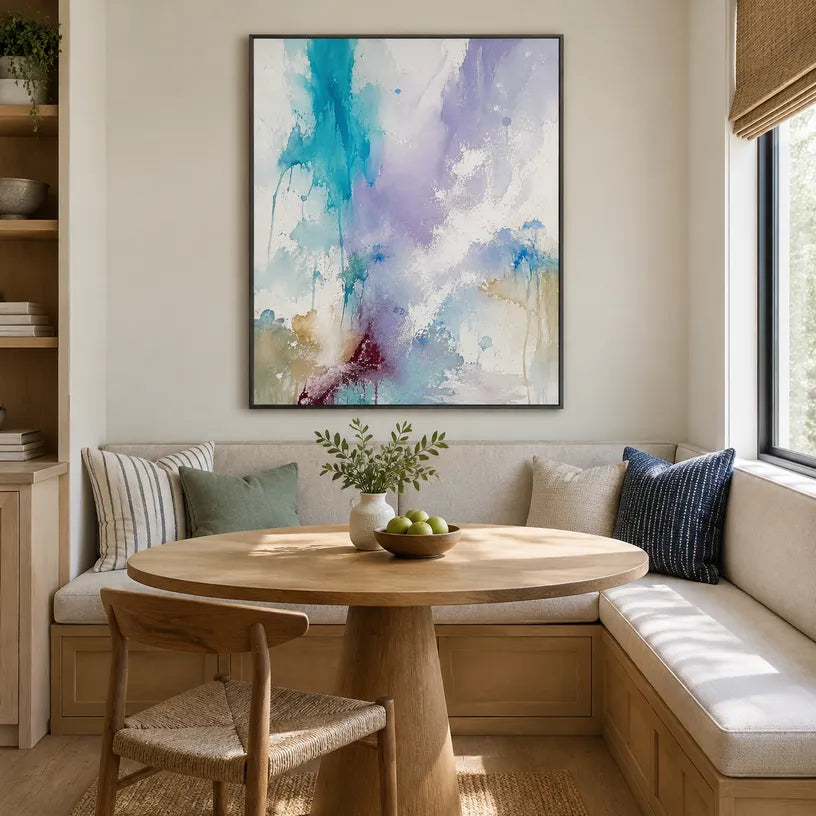 Abstract Expressionist abstract oil painting showing layered abstract marks, texture and expressive painterly movement in a blue palette.