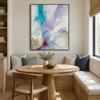 Abstract Expressionist abstract oil painting showing layered abstract marks, texture and expressive painterly movement in a blue palette.