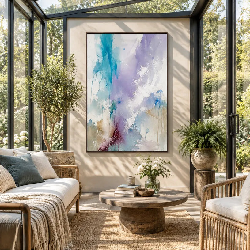 Abstract Expressionist abstract oil painting showing layered abstract marks, texture and expressive painterly movement in a blue palette.