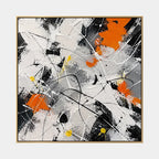 Abstract Expressionist abstract oil painting showing black, white and orange intersecting marks in a black palette, contemporary wall art.