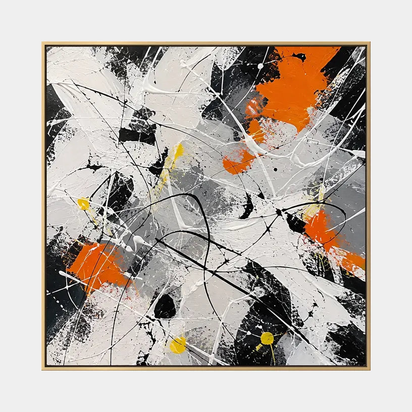 Abstract Expressionist abstract oil painting showing black, white and orange intersecting marks in a black palette, contemporary wall art.