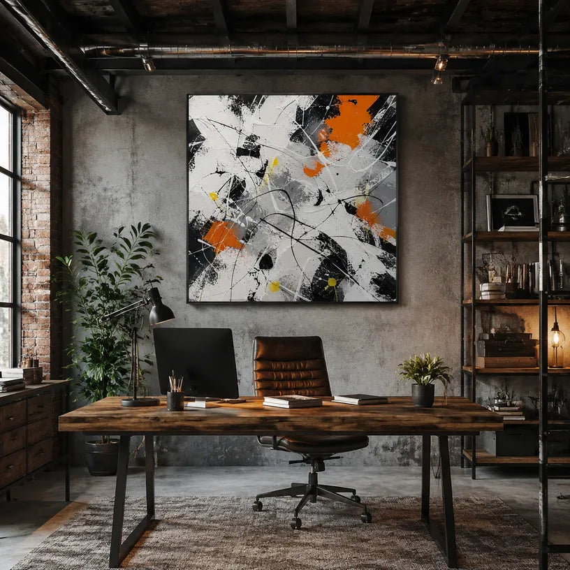 Abstract Expressionist abstract oil painting showing black, white and orange intersecting marks in a black palette, contemporary wall art.