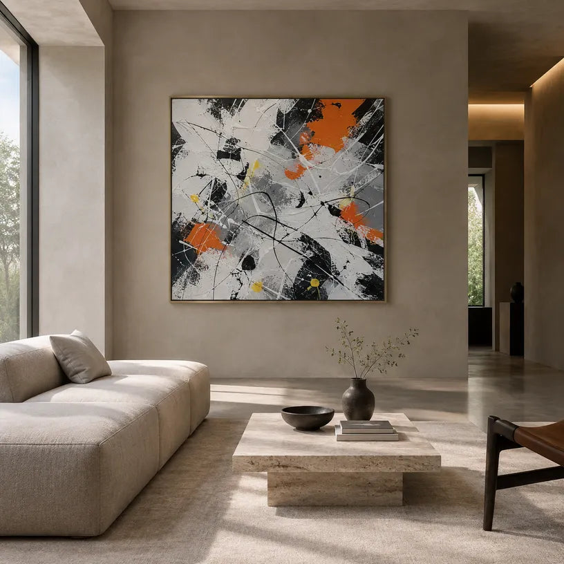 Abstract Expressionist abstract oil painting showing black, white and orange intersecting marks in a black palette, contemporary wall art.