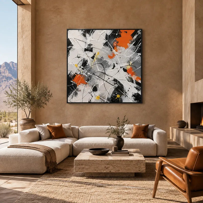 Abstract Expressionist abstract oil painting showing black, white and orange intersecting marks in a black palette, contemporary wall art.