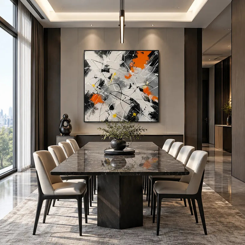 Abstract Expressionist abstract oil painting showing black, white and orange intersecting marks in a black palette, contemporary wall art.