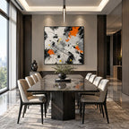 Abstract Expressionist abstract oil painting showing black, white and orange intersecting marks in a black palette, contemporary wall art.