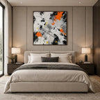Abstract Expressionist abstract oil painting showing black, white and orange intersecting marks in a black palette, contemporary wall art.