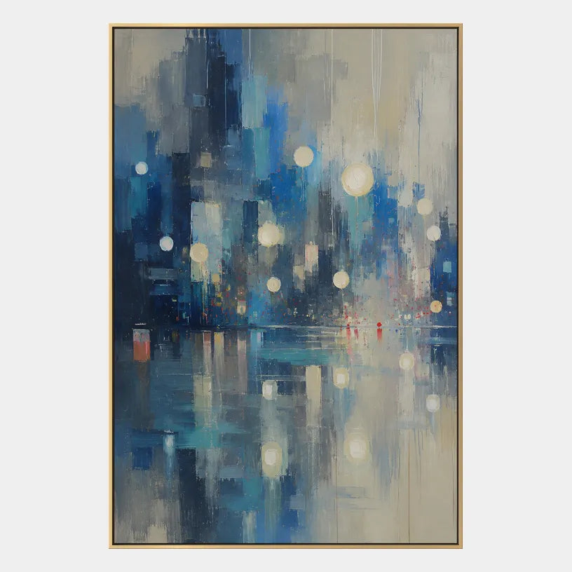 Abstract Expressionist landscapes & seascapes & cityscapes oil painting showing a blue city skyline reflected in luminous water in a blue palette, contemporary wall art.
