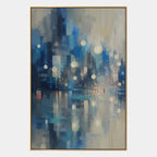 Abstract Expressionist landscapes & seascapes & cityscapes oil painting showing a blue city skyline reflected in luminous water in a blue palette, contemporary wall art.