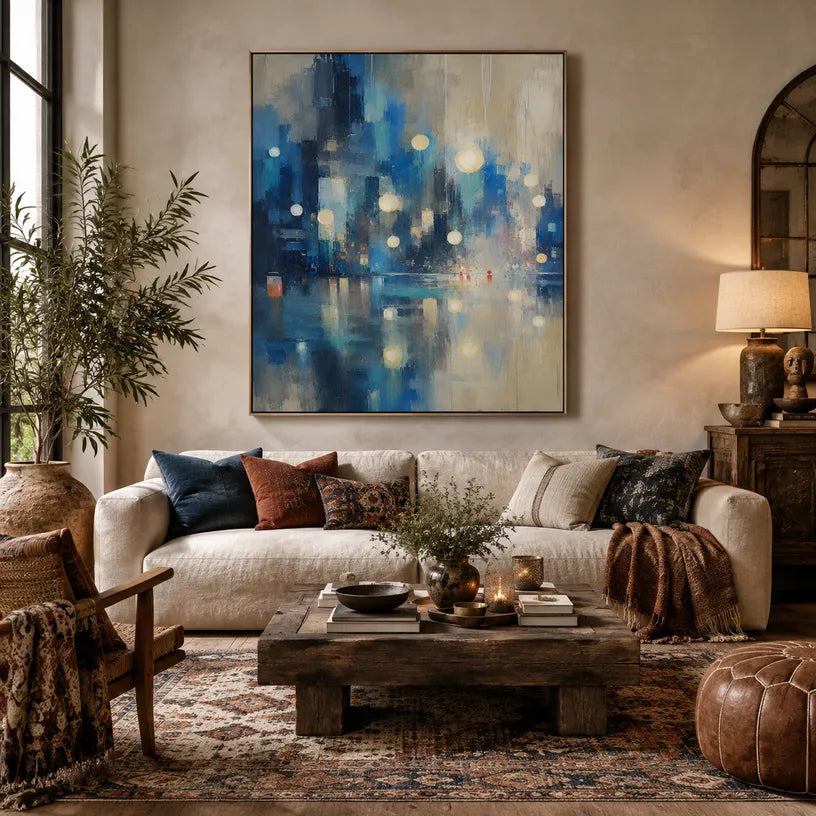 Abstract Expressionist landscapes & seascapes & cityscapes oil painting showing a blue city skyline reflected in luminous water in a blue palette, contemporary wall art.