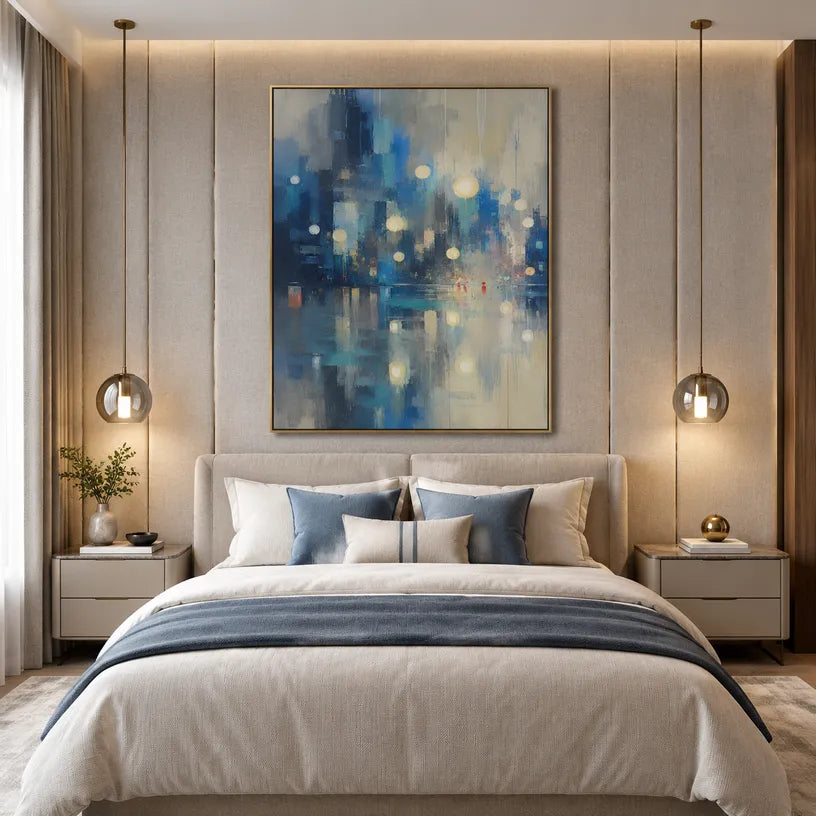 Abstract Expressionist landscapes & seascapes & cityscapes oil painting showing a blue city skyline reflected in luminous water in a blue palette, contemporary wall art.