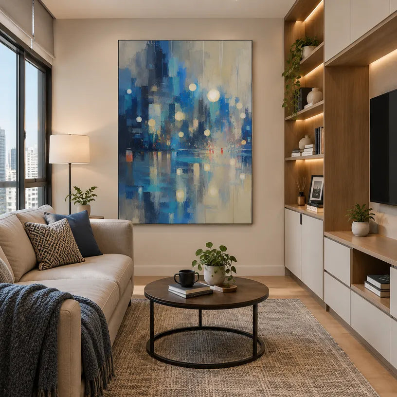 Abstract Expressionist landscapes & seascapes & cityscapes oil painting showing a blue city skyline reflected in luminous water in a blue palette, contemporary wall art.