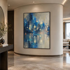 Abstract Expressionist landscapes & seascapes & cityscapes oil painting showing a blue city skyline reflected in luminous water in a blue palette, contemporary wall art.