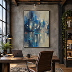 Abstract Expressionist landscapes & seascapes & cityscapes oil painting showing a blue city skyline reflected in luminous water in a blue palette, contemporary wall art.