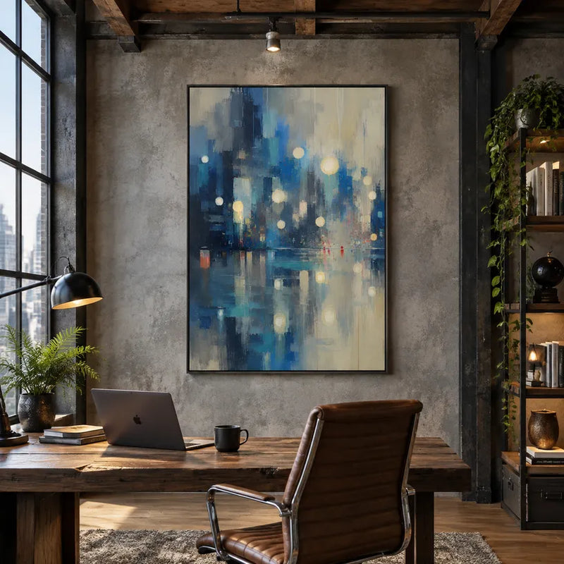 Dipinto a olio con paesaggi, paesaggi marini e paesaggi urbani dell'Espressionismo astratto, caratterizzato da un paesaggio atmosferico, da un paesaggio marino o da una composizione ispirata alla città in una tavolozza blu.