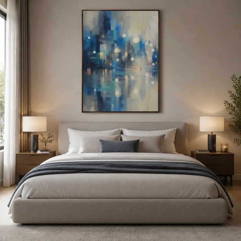 Abstract Expressionist landscapes & seascapes & cityscapes oil painting showing a blue city skyline reflected in luminous water in a blue palette, contemporary wall art.