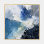 Abstract Expressionist abstract oil painting showing layered abstract marks, texture and expressive painterly movement in a blue palette.