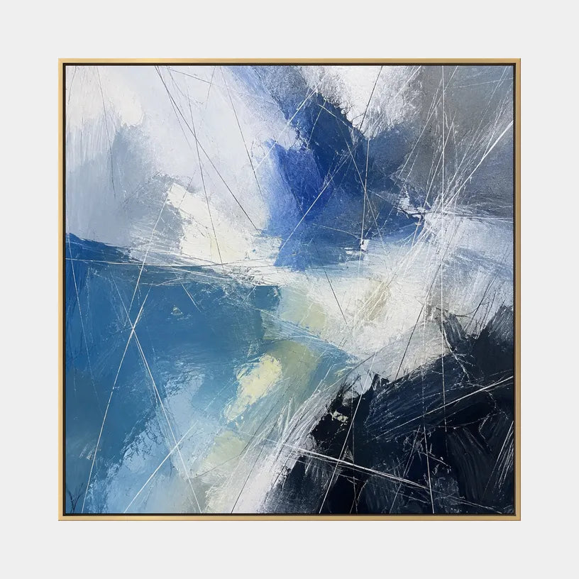 Abstract Expressionist abstract oil painting showing layered abstract marks, texture and expressive painterly movement in a blue palette.